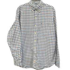 Izod Saltwater Men’s Plaid Shirt Large Blue White Cotton Long Sleeve